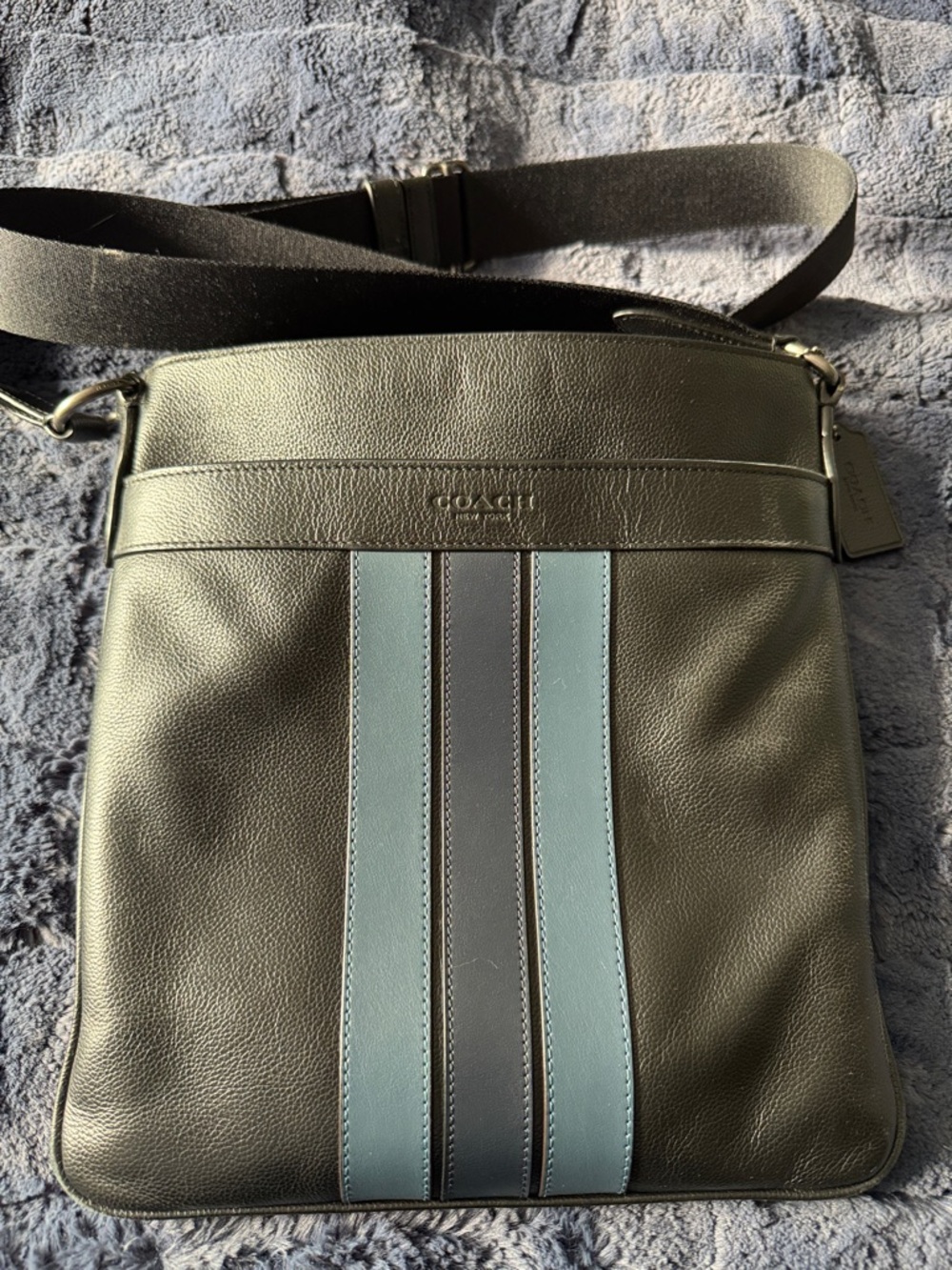 Coach Black Leather Messenger Bag with Blue Stripes